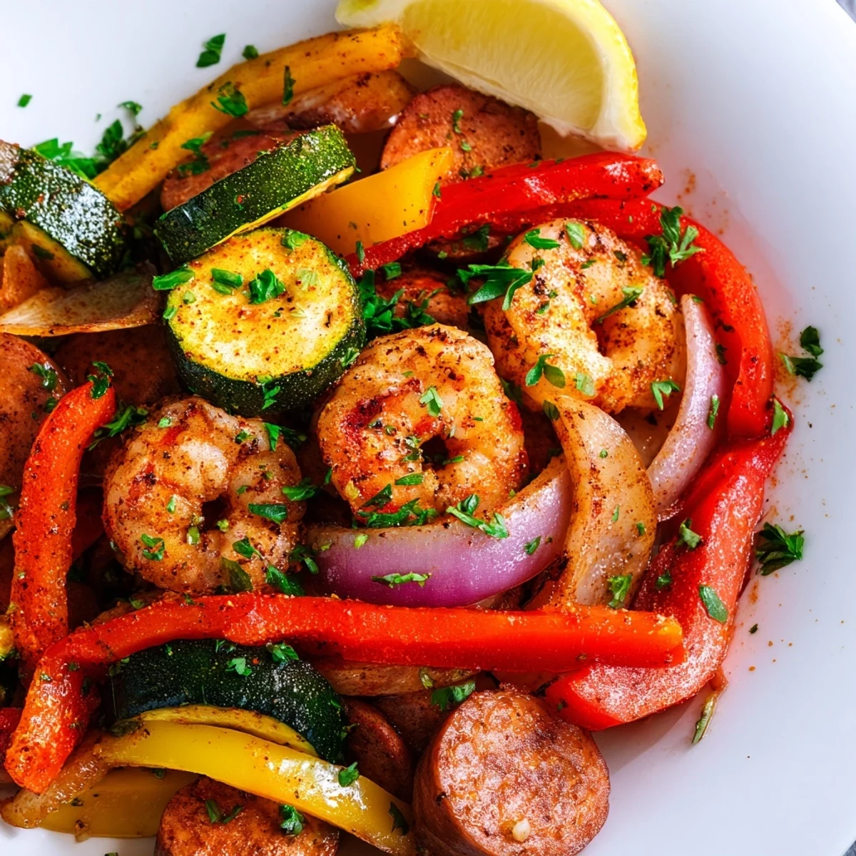 Close-up of Cajun Shrimp and Sausage Skillet ready to serve, bursting with bold spices and served over fluffy rice.