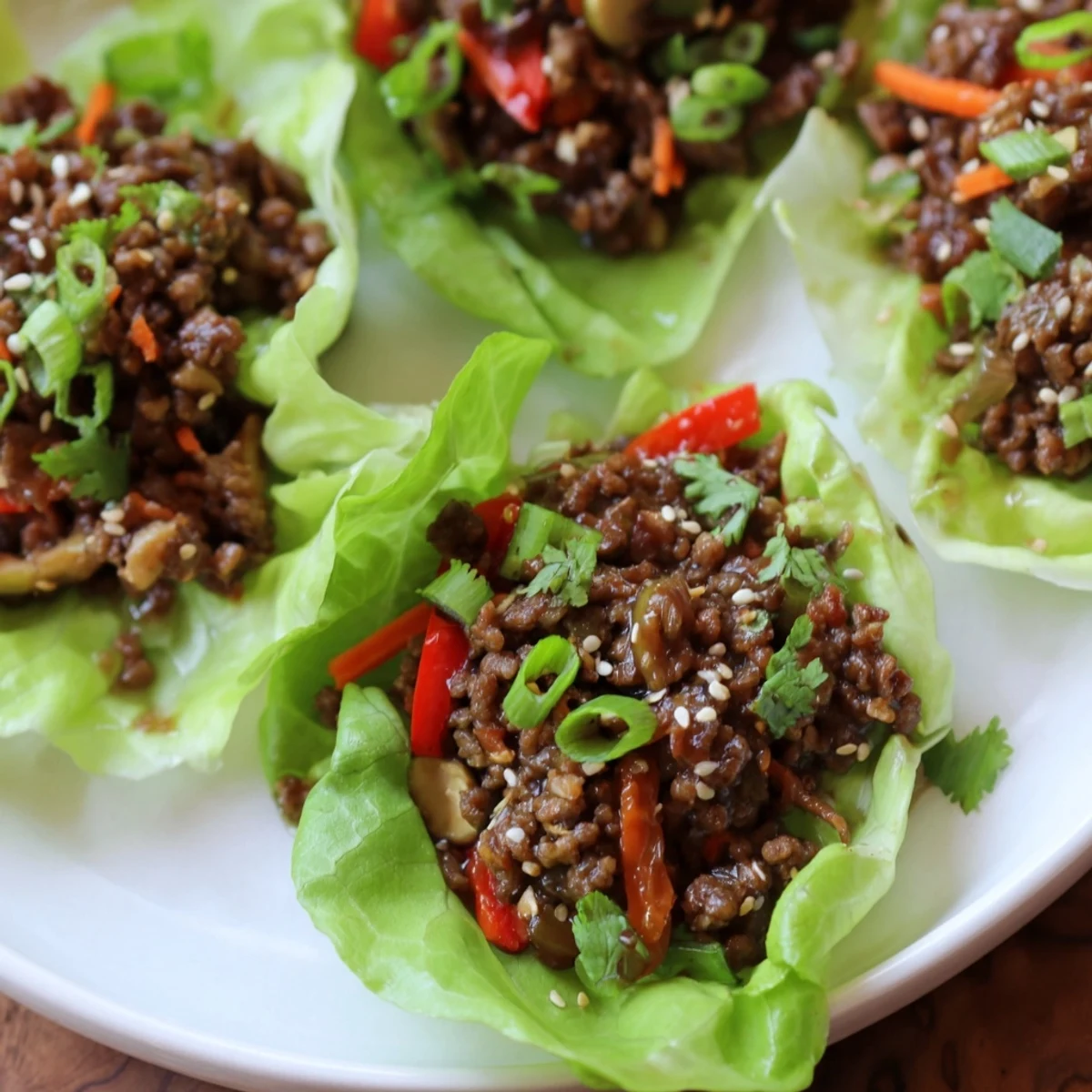 Crisp butter lettuce cups filled with savory beef and hoisin sauce, garnished with sesame seeds and cilantro. This Beef Lettuce Wraps recipe looks fresh and flavorful.