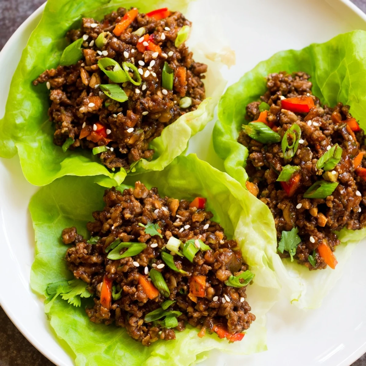 Tender ground beef mixed with red bell peppers and carrots in a rich hoisin glaze, ready to scoop into lettuce wraps. A delicious Asian-inspired meal.