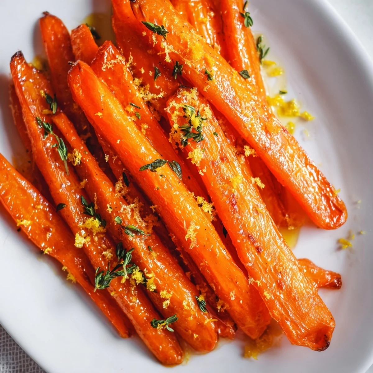 A close-up of tender roasted carrots with honey and thyme, fresh herbs sprinkled on top for a sweet and savory flavor.