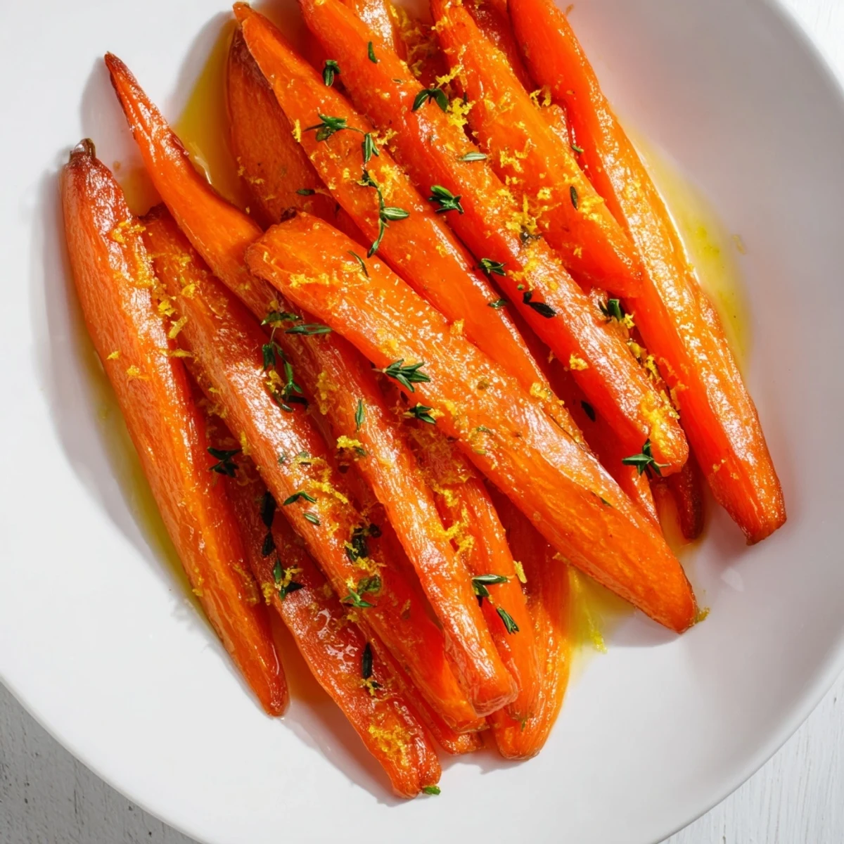Hearty roasted carrots with honey and thyme, plated alongside a roasted chicken dinner with glistening glaze and vibrant orange hues.