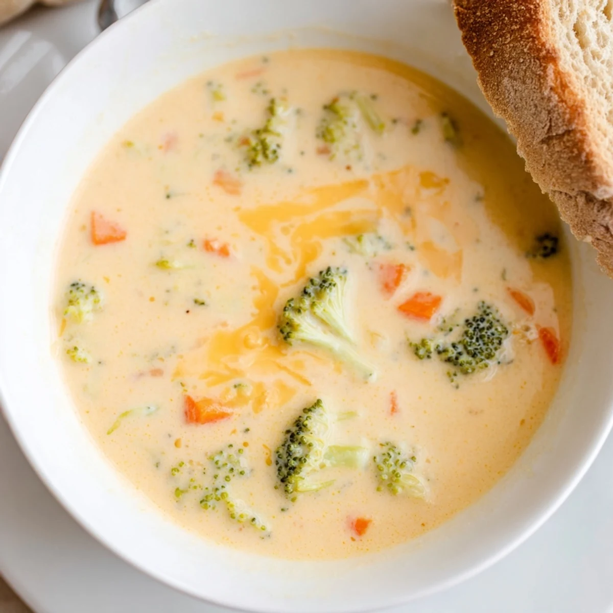 Creamy Broccoli Cheddar Soup with Bread is served steaming hot in a rustic bowl beside a slice of golden toasted sourdough.