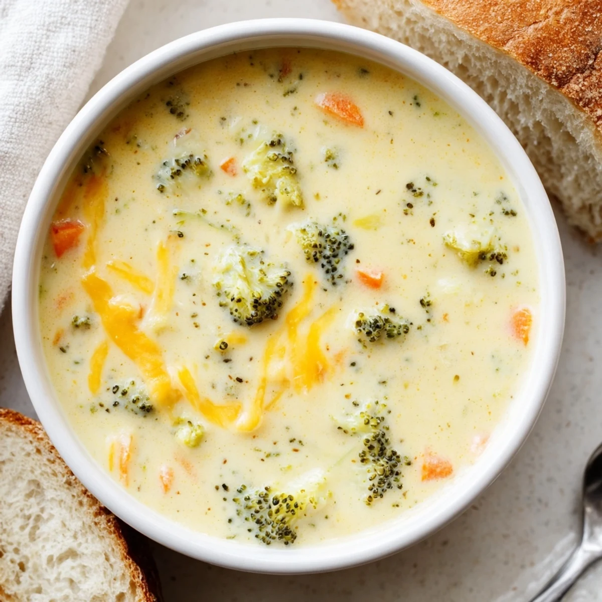 This comforting vegetarian soup features velvety pureed broccoli and melted sharp cheddar, ready for a cozy American lunch.