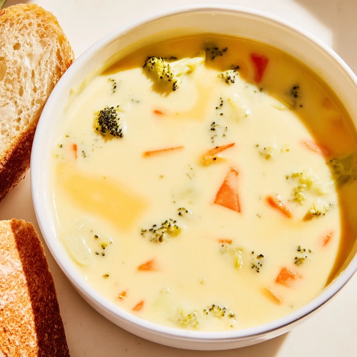 A close-up of Creamy Broccoli Cheddar Soup with Bread highlights the rich texture and cheesy goodness on a kitchen counter.