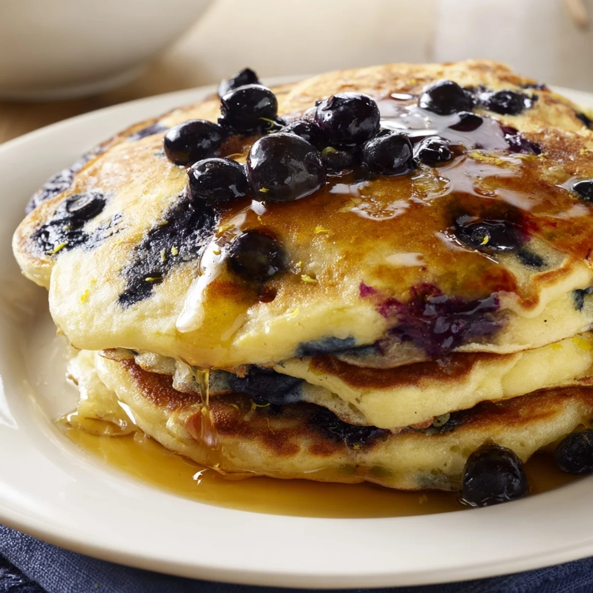 Fluffy Lemon Blueberry Pancakes with Syrup stacked high, topped with fresh blueberries and warm syrup drizzled down the sides.