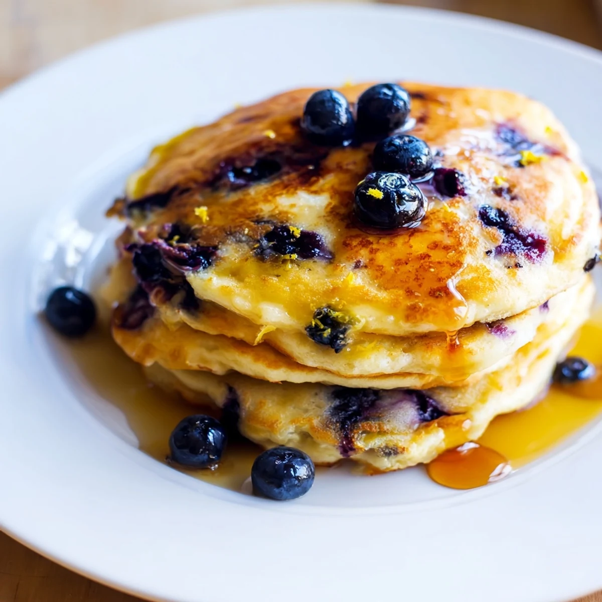 Golden-brown Lemon Blueberry Pancakes with Syrup served on a plate, garnished with lemon zest and a pat of butter.