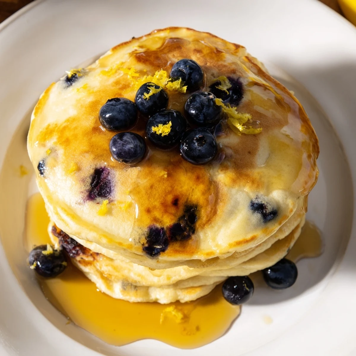 A close-up of fluffy Lemon Blueberry Pancakes with Syrup, steam rising as maple syrup soaks into the golden stack.