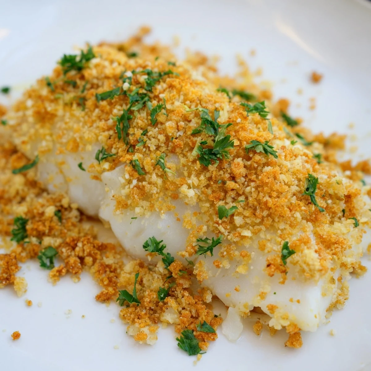 Baked Cod with Cracker Crumb Topping rests next to fresh parsley and a chilled glass of white wine.