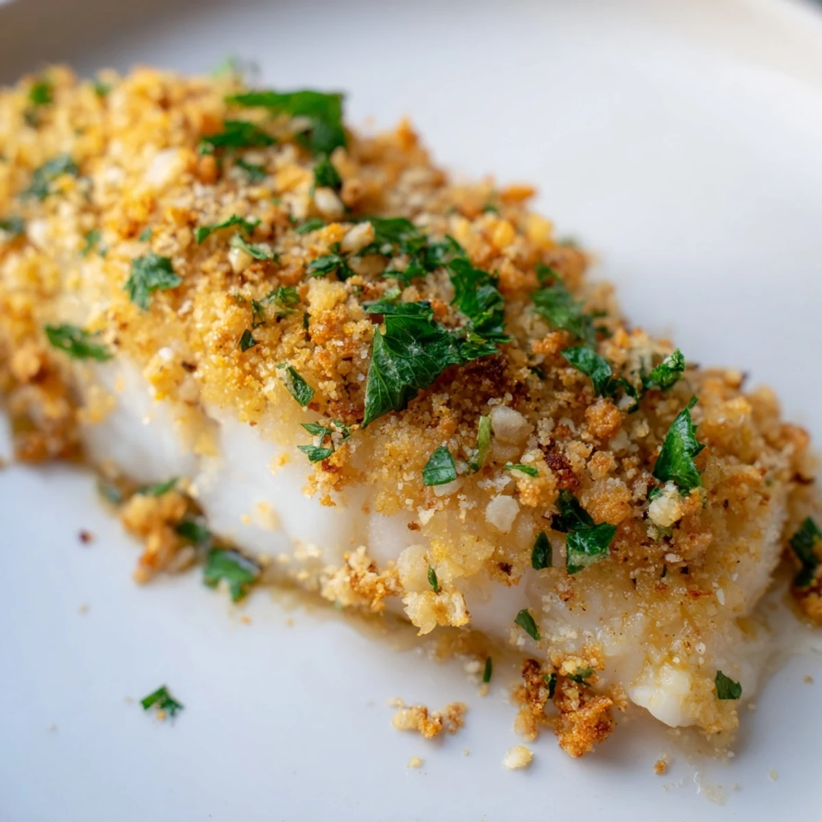 Flaky, tender Baked Cod with Cracker Crumb Topping sits atop steamed vegetables, garnished with parsley and lemon zest.