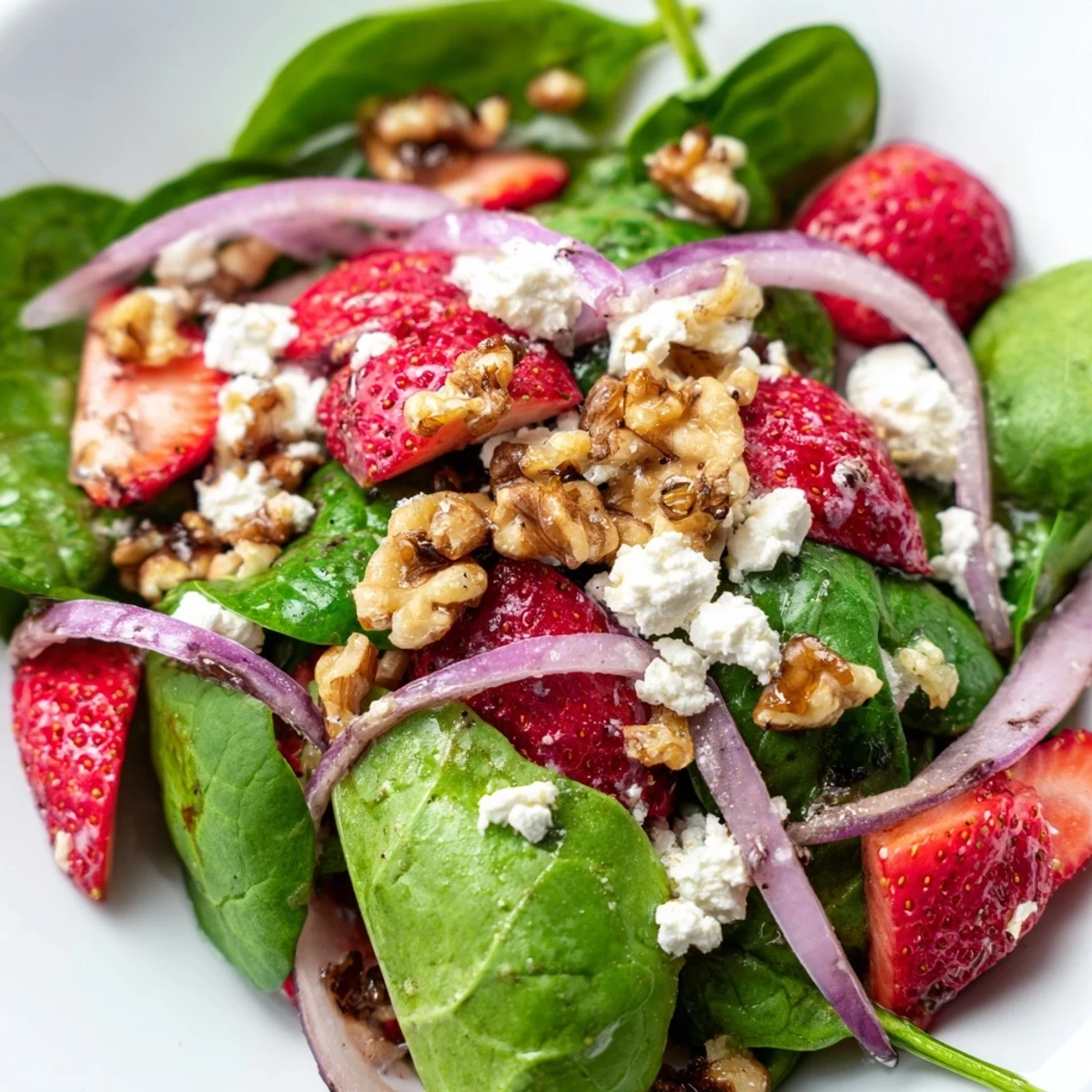 Fresh baby spinach leaves topped with sliced sweet strawberries and crumbled feta cheese in a light balsamic dressing.