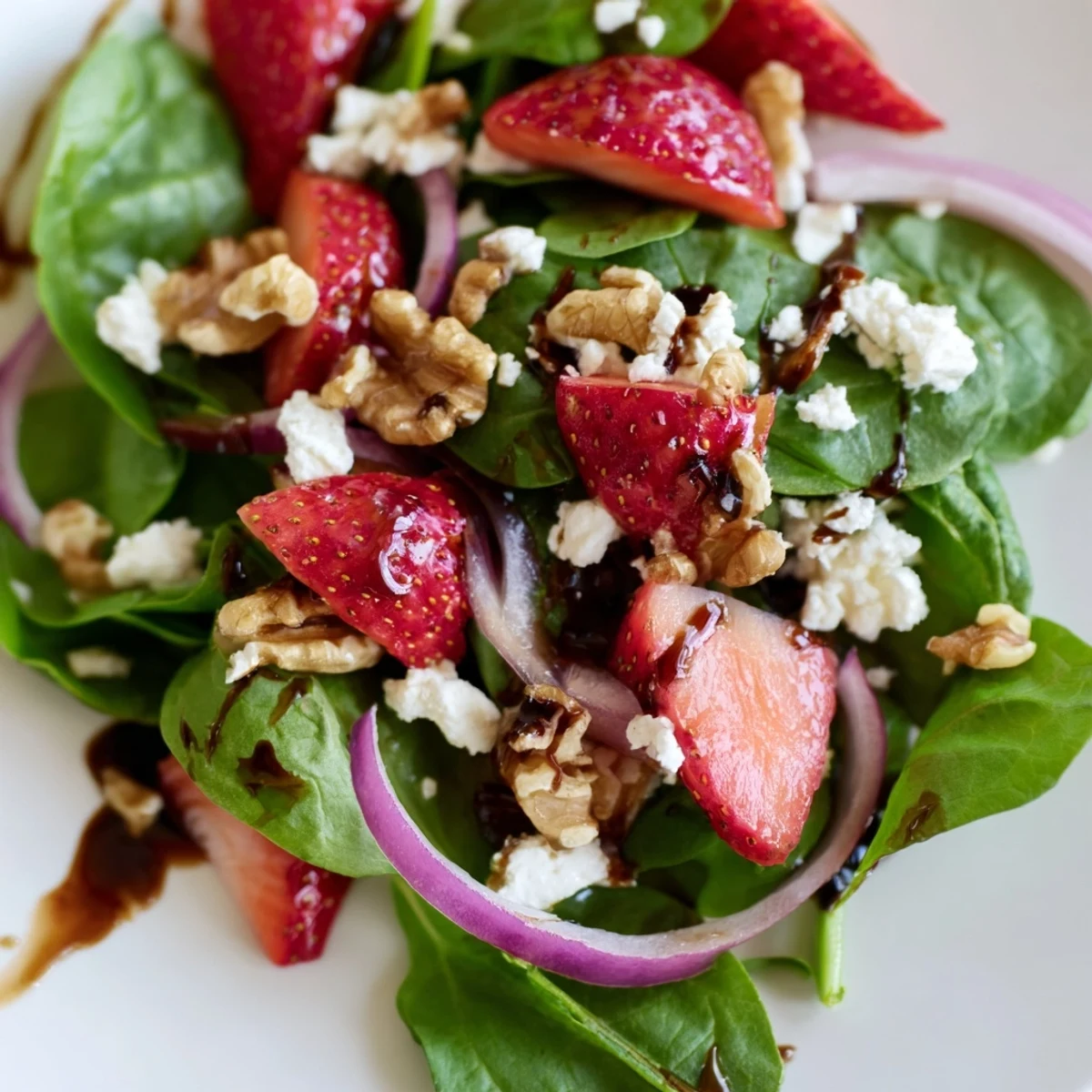 A close-up view of this Strawberry Spinach Salad with Walnuts highlights juicy berries and crunchy nuts tossed in vinaigrette.