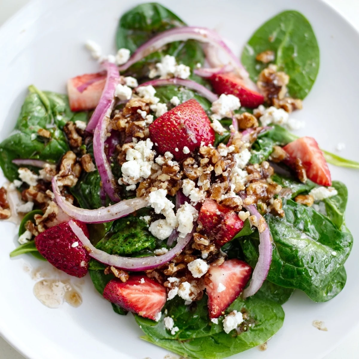 Strawberry Spinach Salad with Walnuts features toasted nuts and thin red onion slices on a bright serving platter.