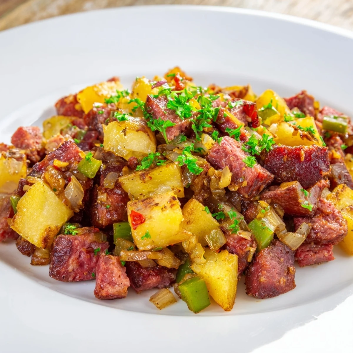 Hearty corned beef hash with potatoes served alongside sunny side up eggs and buttery toasted bread slices.