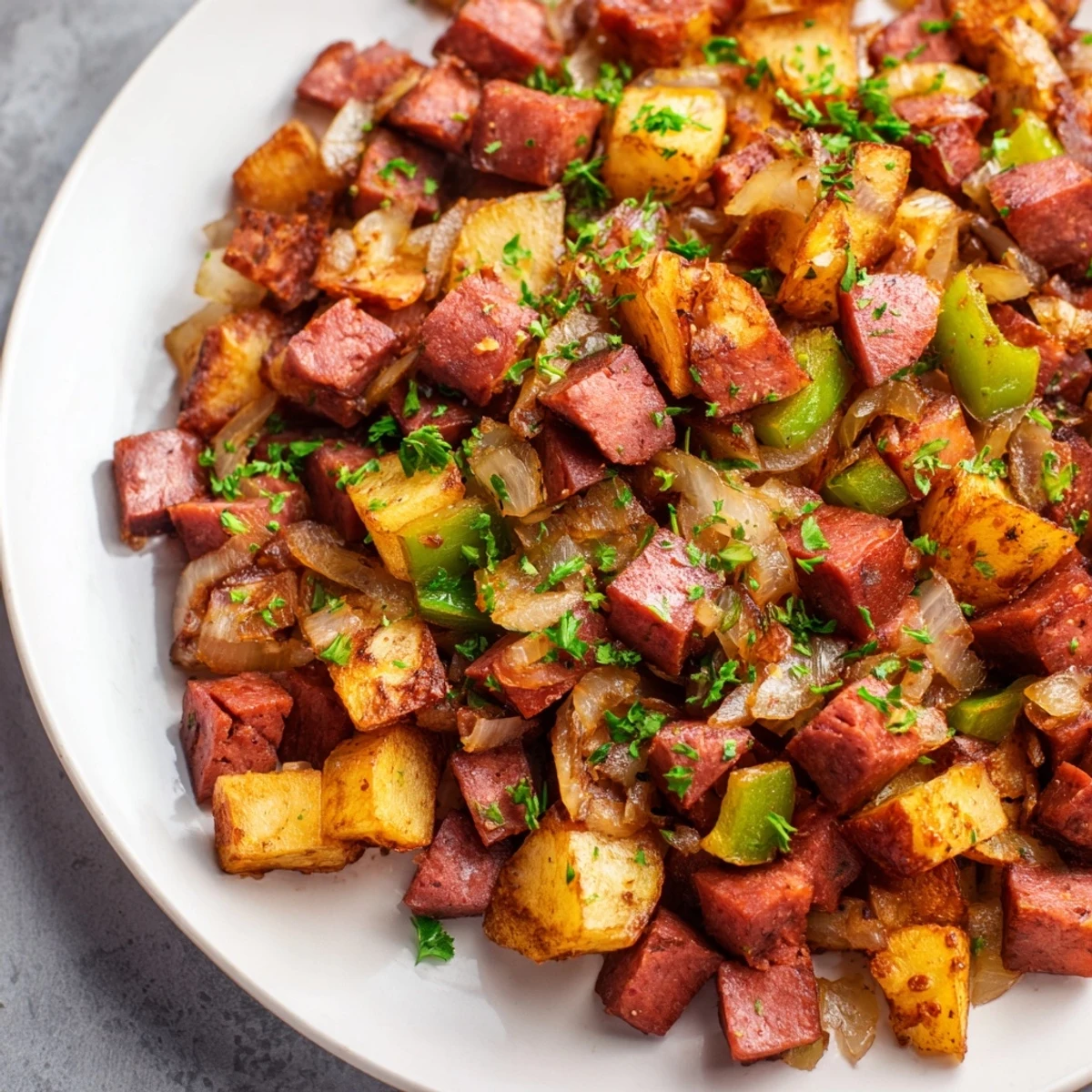 Crispy golden potatoes and tender corned beef hash sizzling in a cast iron skillet with fresh parsley garnish.