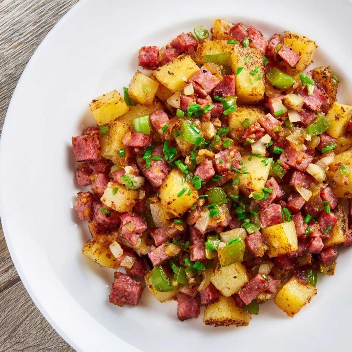 Savory American corned beef hash with diced potatoes and onions plated hot for a comforting breakfast or brunch.