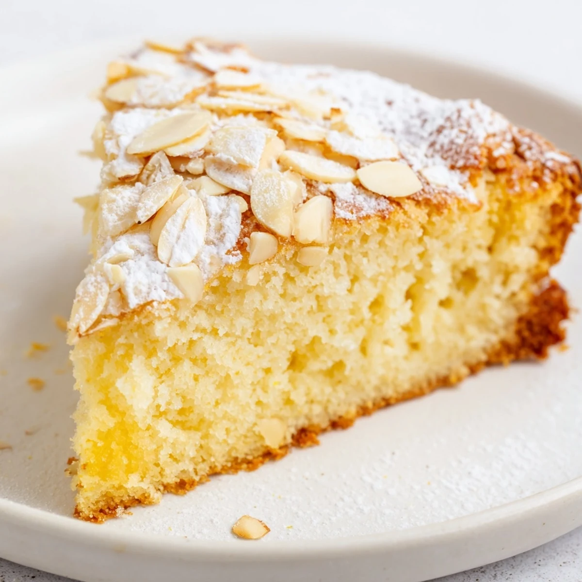 Golden-brown Lemon Ricotta Cake with Almonds topped with powdered sugar on a rustic wooden table.