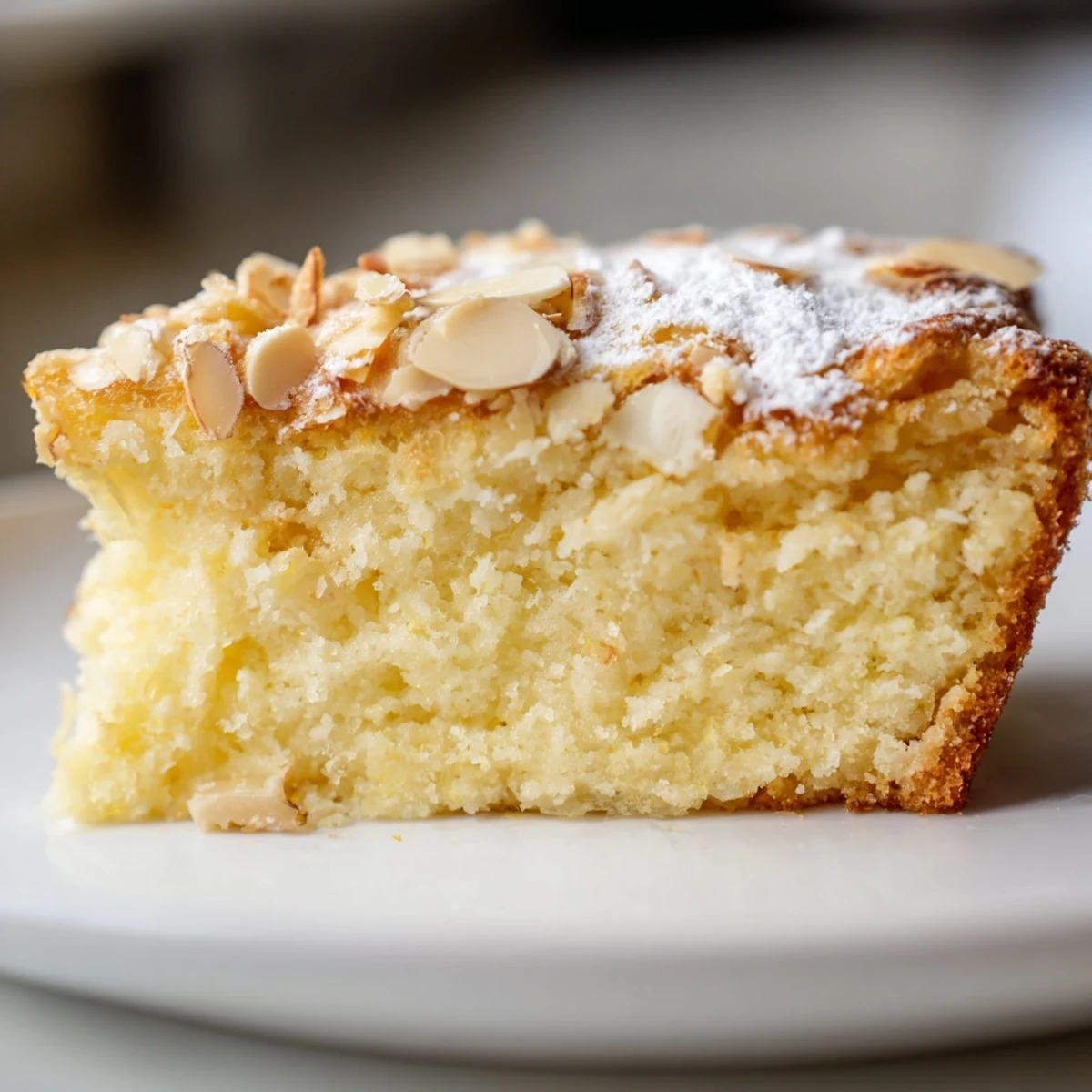 Freshly baked Lemon Ricotta Cake with Almonds on a white plate near a cup of tea.
