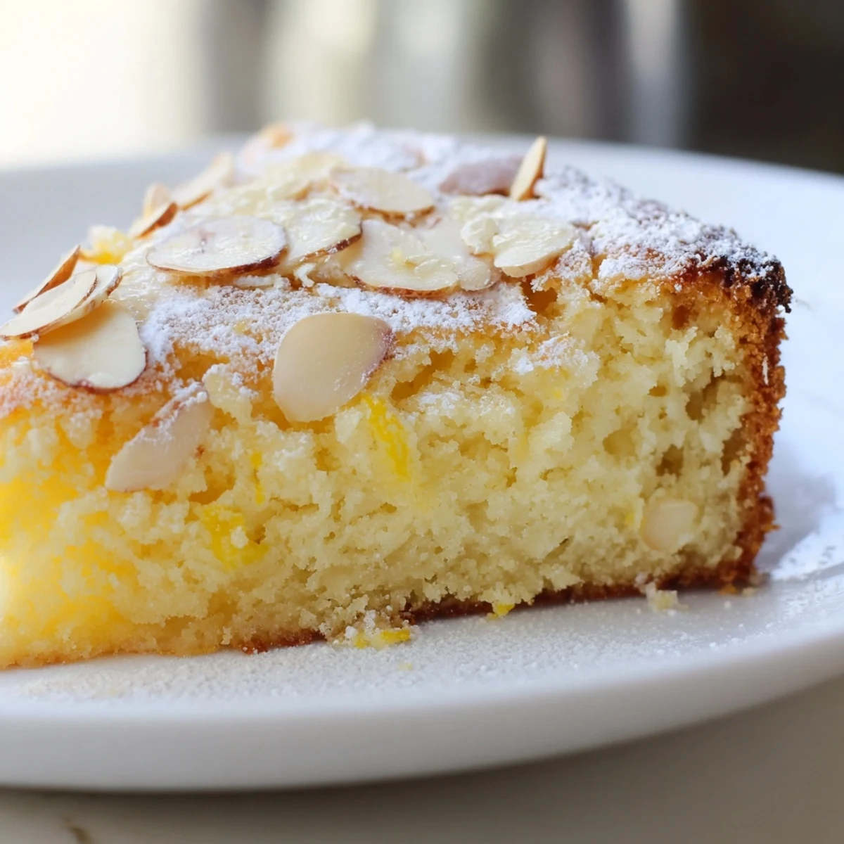 Sliced wedge of moist Lemon Ricotta Cake with Almonds showing fluffy crumb and lemon zest.