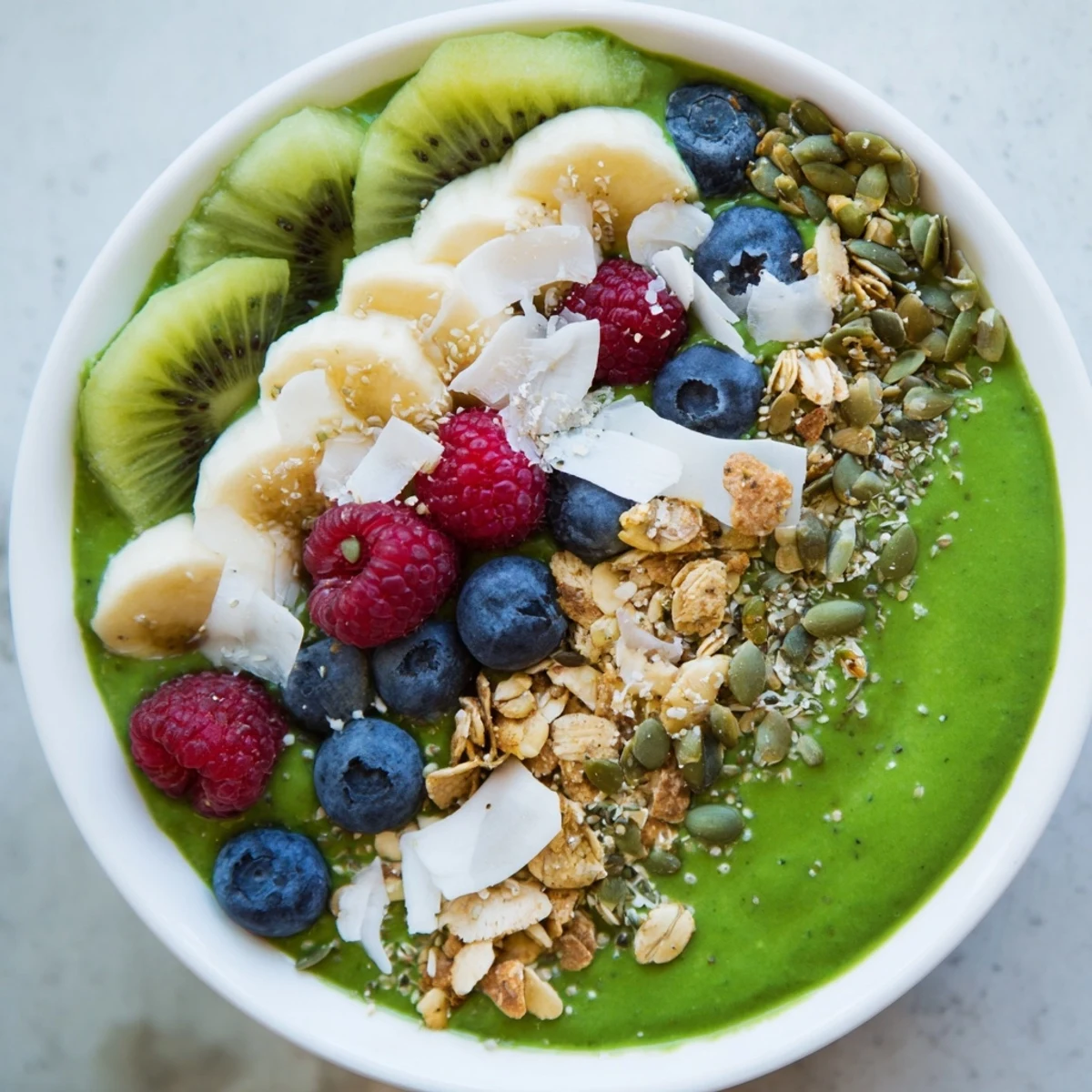 A vibrant Green Smoothie Bowl with Toppings showcases creamy green blend topped with fresh berries and crunchy granola.