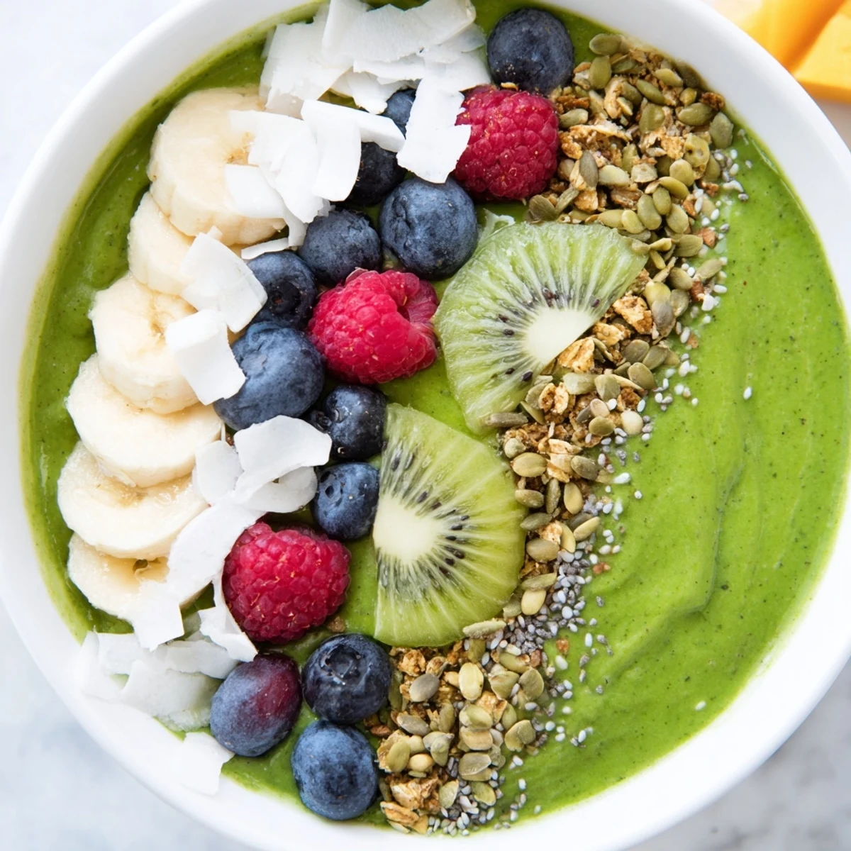 A nutritious Green Smoothie Bowl with Toppings served in a bowl with a spoon, ready for a healthy breakfast.