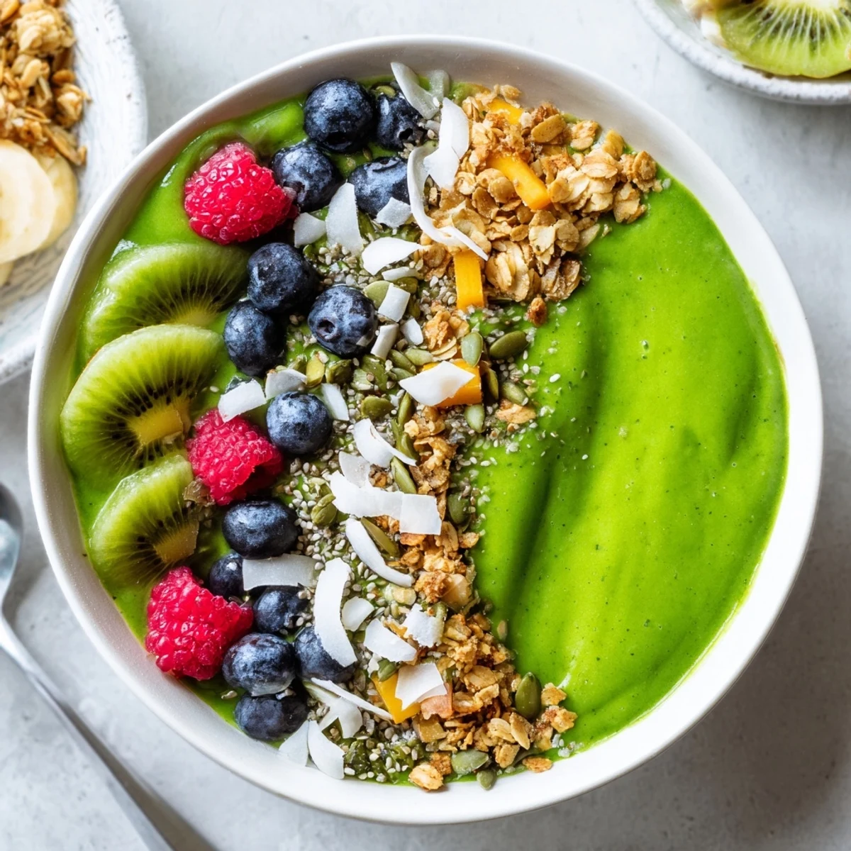 An up-close view of a Green Smoothie Bowl with Toppings featuring sliced kiwi, coconut, and seeds in morning light.