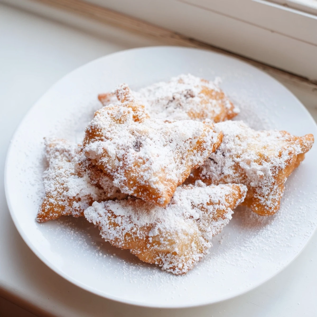 Freshly fried Mardi Gras Fried Dough with Sugar, golden brown and lightly dusted, served warm on a festive plate.