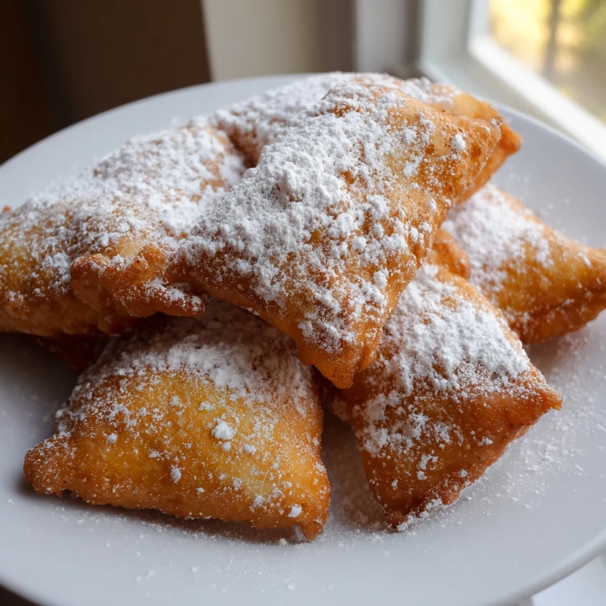 A close-up of Mardi Gras Fried Dough with Sugar, crispy and puffy, drizzled with powdered sugar for New Orleans flair.