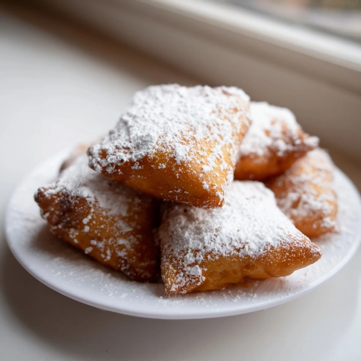 Mardi Gras Fried Dough with Sugar, golden rectangles piled high, ready to enjoy with coffee during Carnival celebrations.