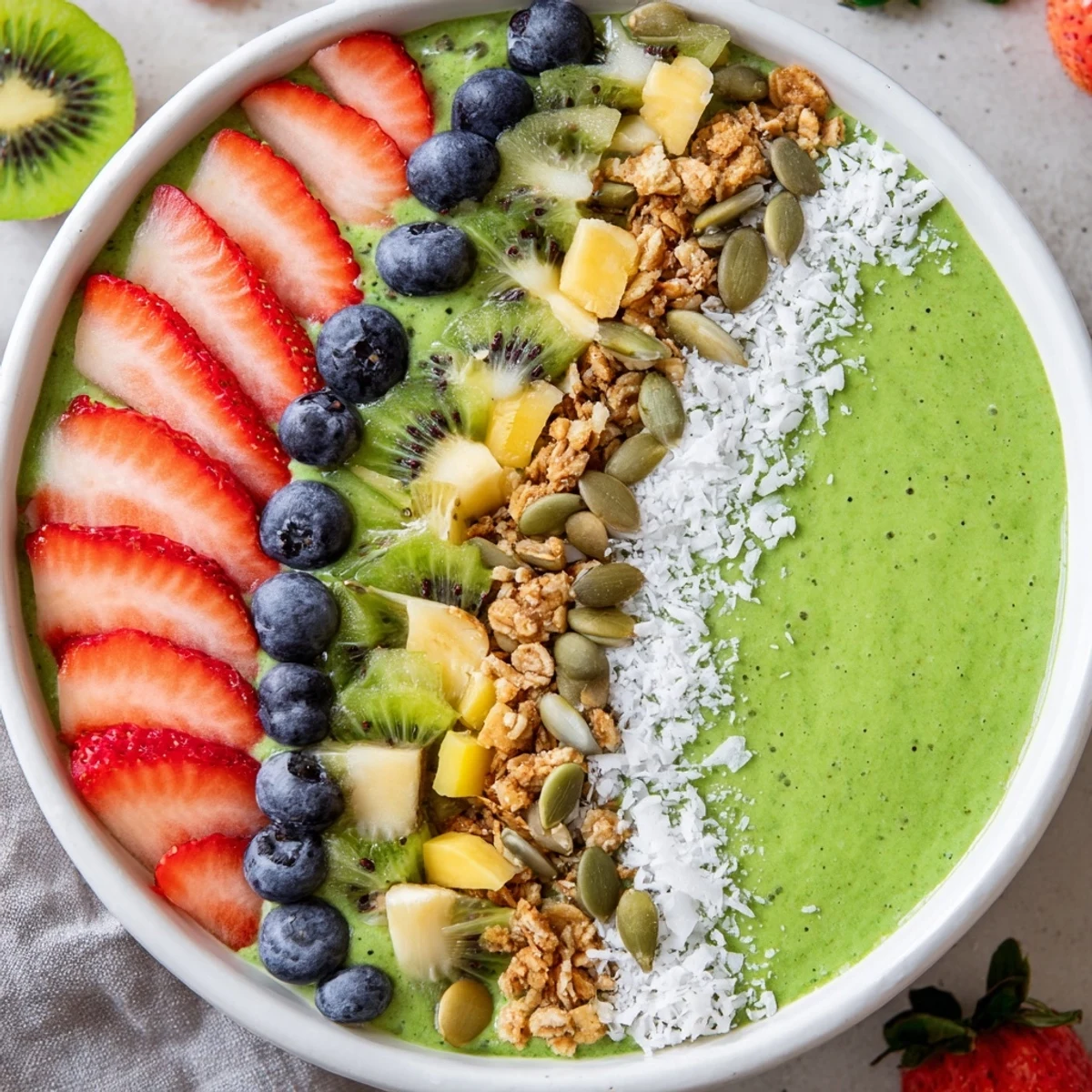 Creamy Green Smoothie Bowl with Fruit Toppings in a white bowl topped with strawberries, kiwi, and blueberries.