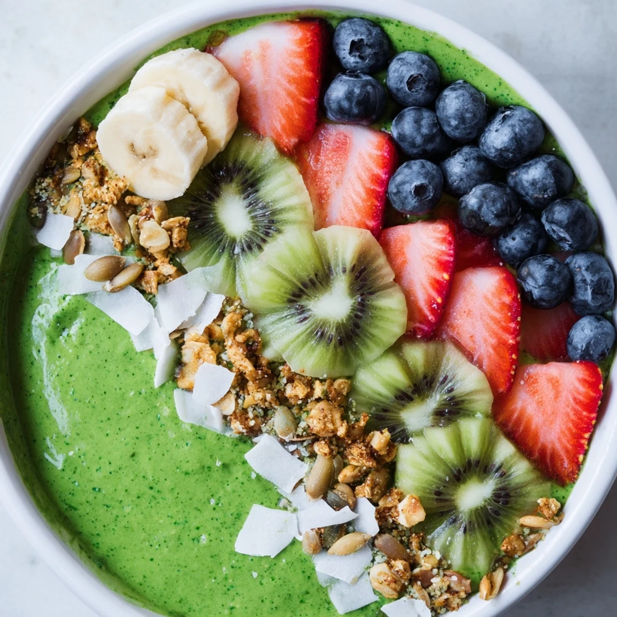 A vibrant Green Smoothie Bowl with Fruit Toppings ready to serve, featuring pumpkin seeds and a spoon.