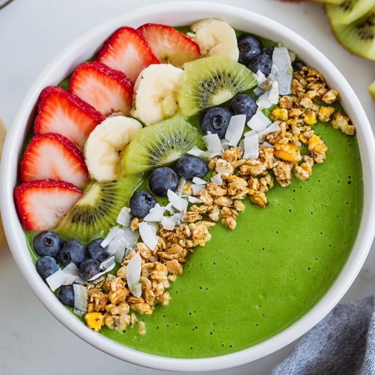A fresh Green Smoothie Bowl with Fruit Toppings brimming with leafy greens, crunchy granola, and coconut flakes.