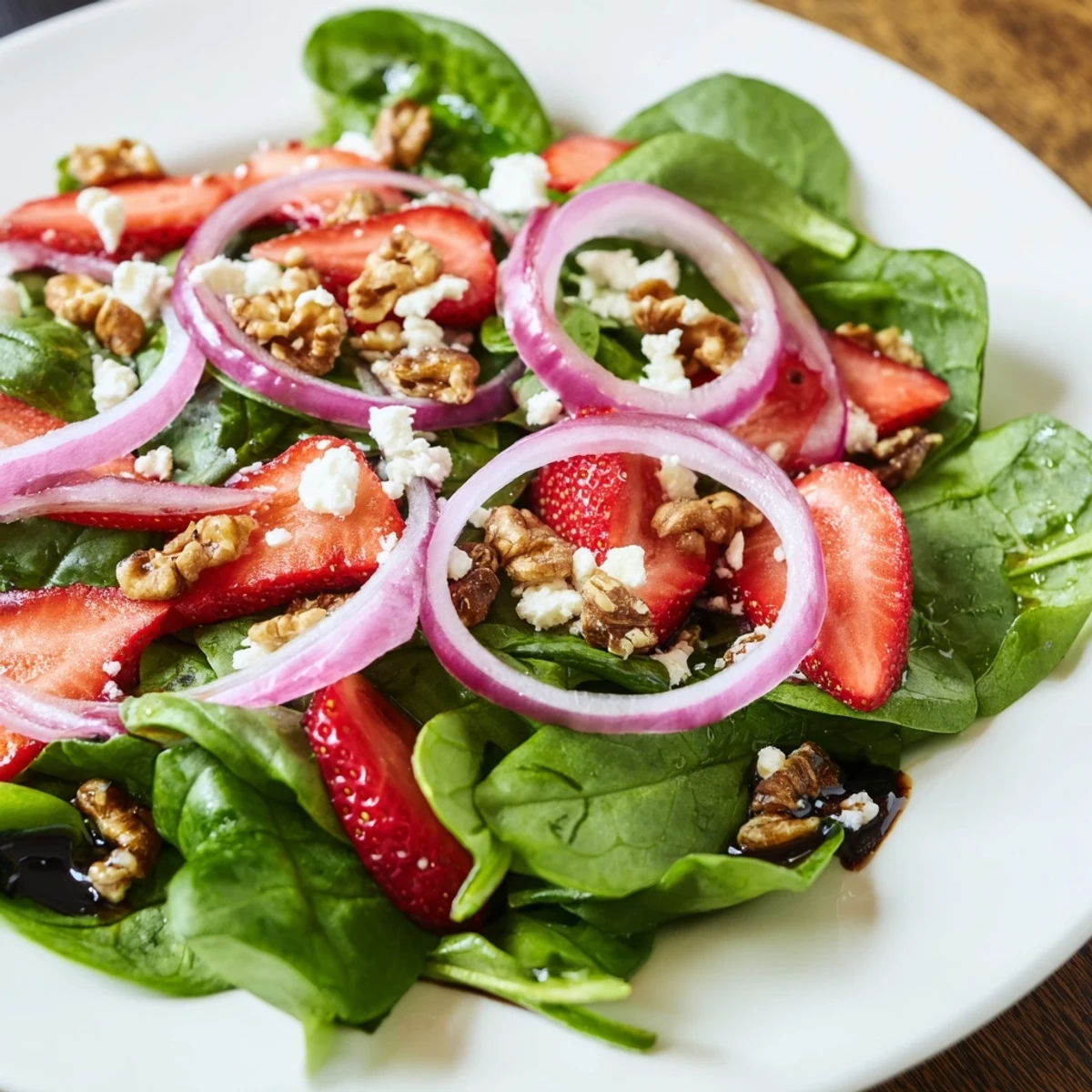 Fresh baby spinach leaves topped with sliced sweet strawberries and crunchy candied walnuts in this Strawberry Spinach Salad with Candied Walnuts.