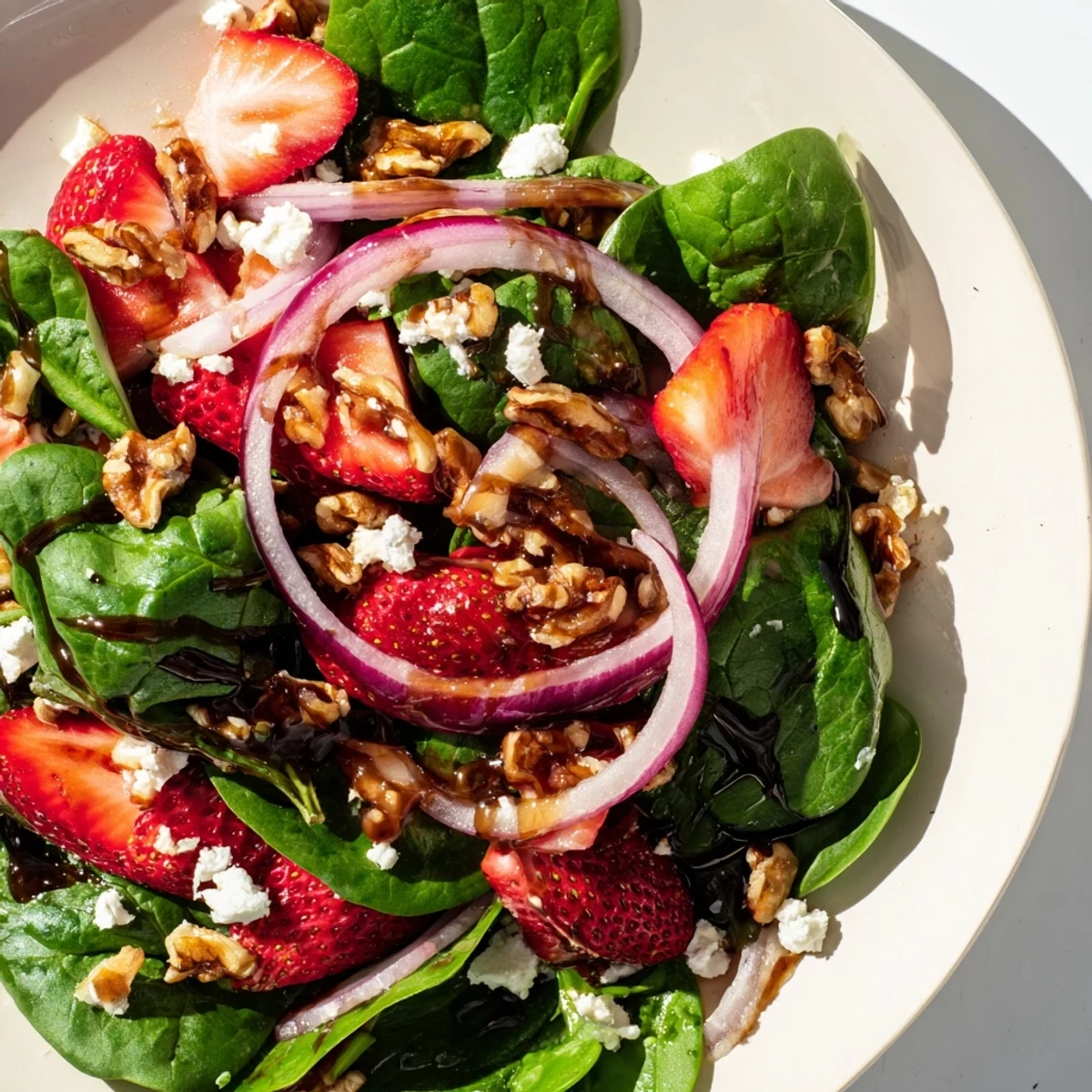 Close up view of Strawberry Spinach Salad with Candied Walnuts showing balsamic vinaigrette dressing glistening over fresh ingredients for a perfect side dish.