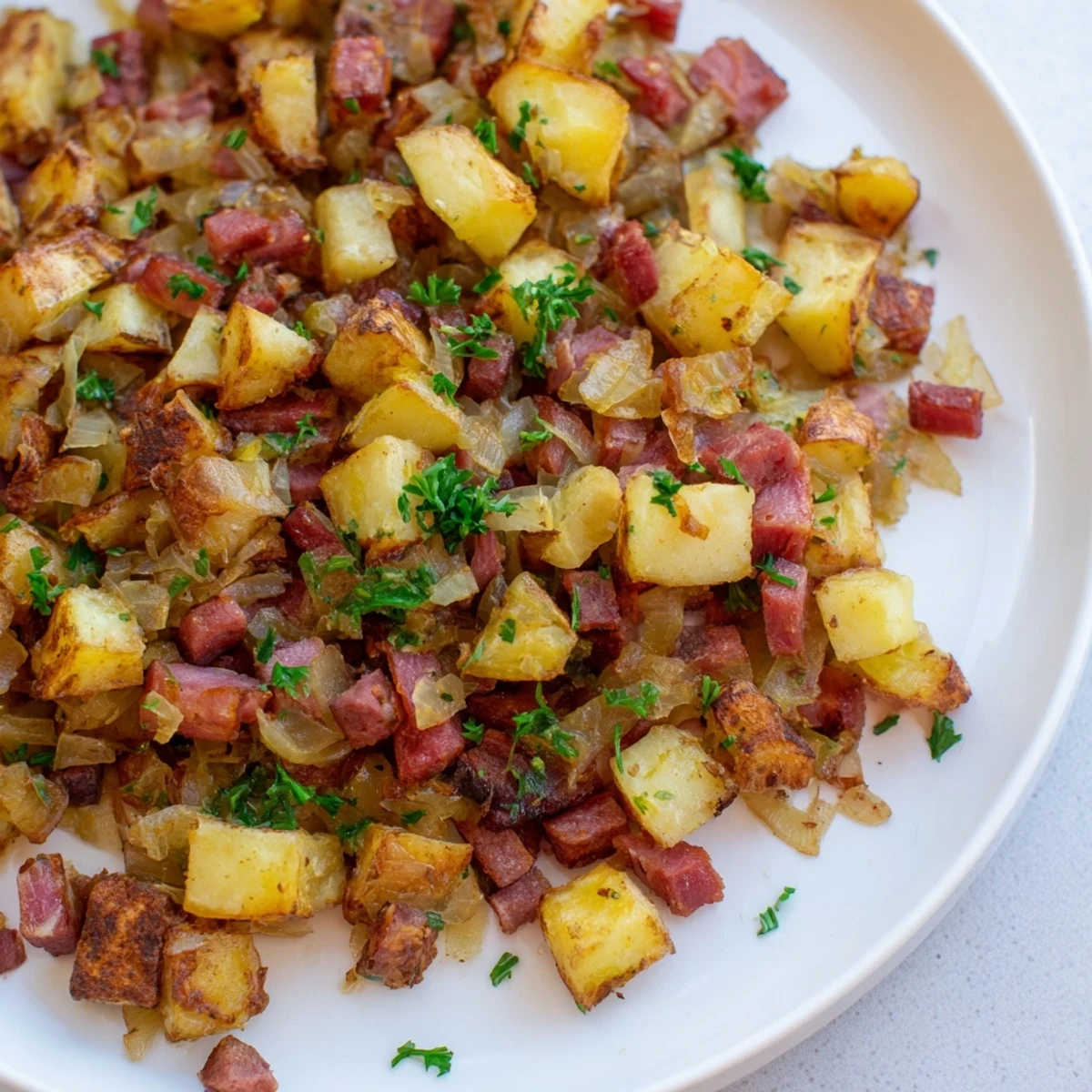 Golden crispy potatoes and tender corned beef hash sizzling in a skillet topped with a sunny-side-up egg.