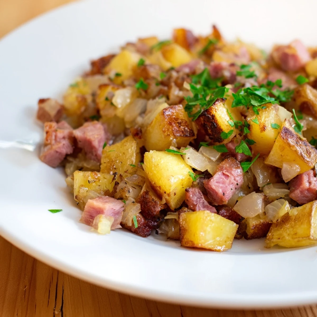 Serving suggestion for Corned Beef Hash with Crispy Potatoes alongside toast and a green salad on a rustic table.