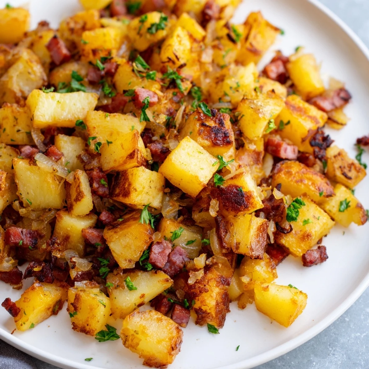 A close-up of Corned Beef Hash with Crispy Potatoes, garnished with fresh parsley for a savory brunch.