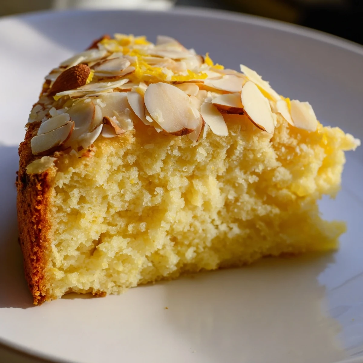 A freshly baked Lemon Ricotta Cake with Sliced Almonds, golden brown with crunchy nut toppings and moist crumb.