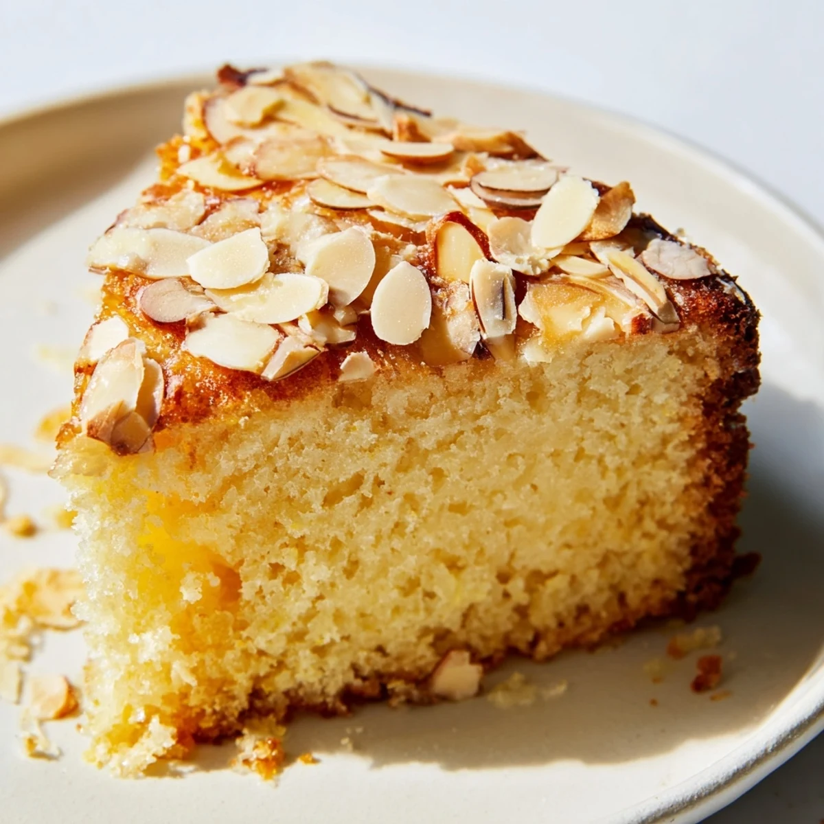 Lemon Ricotta Cake with Sliced Almonds cooling on a wire rack, showcasing tender interior and glistening almond garnish.