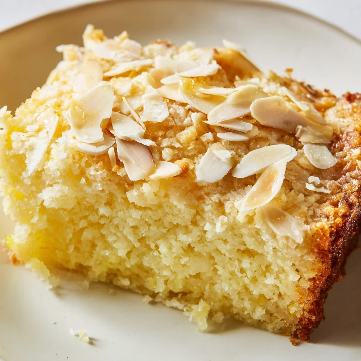 Slice of Lemon Ricotta Cake with Sliced Almonds served with whipped cream and fresh berries on a rustic plate.