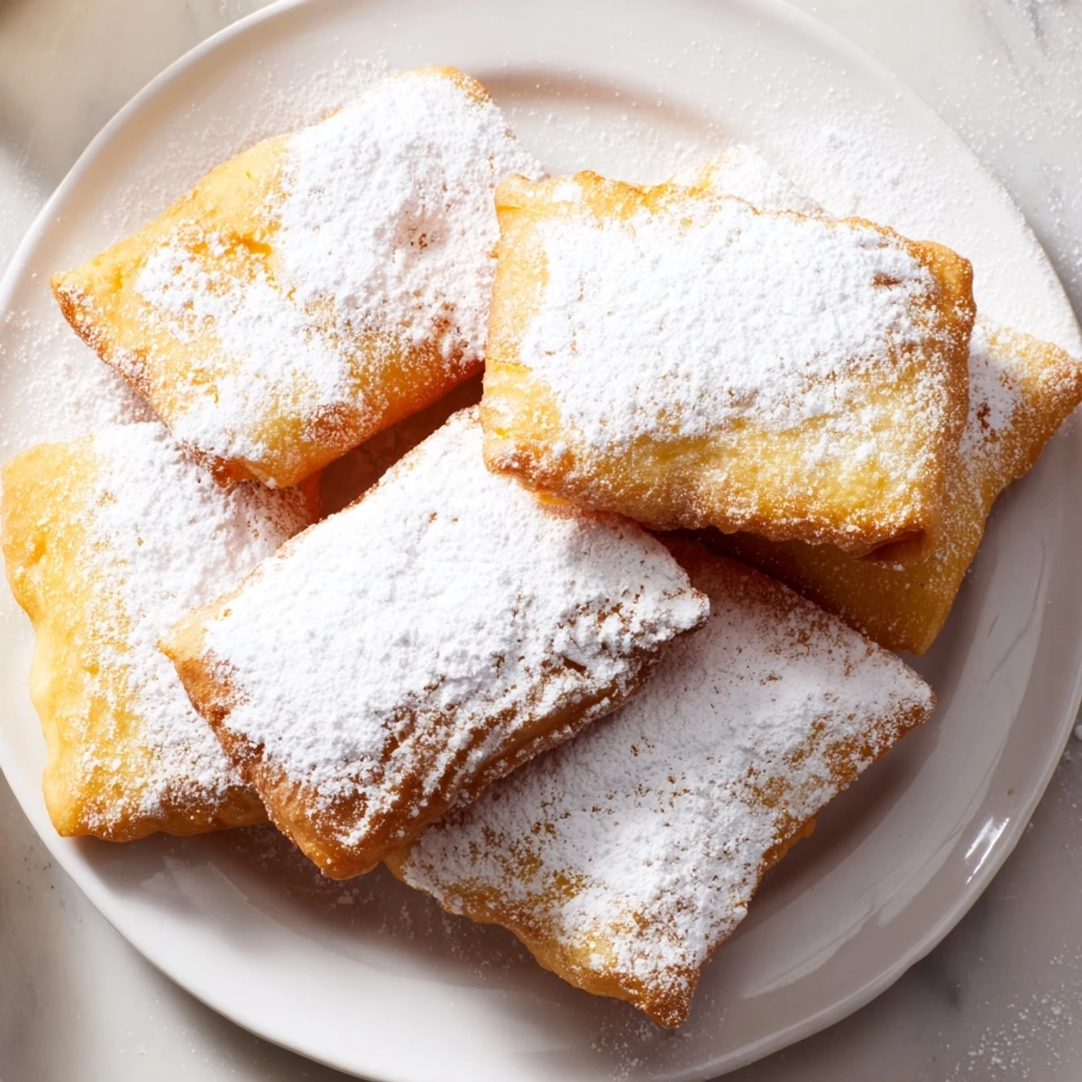 Golden, powdered sugar-dusted Mardi Gras fried dough pieces are piled high on a festive plate for a sweet treat.