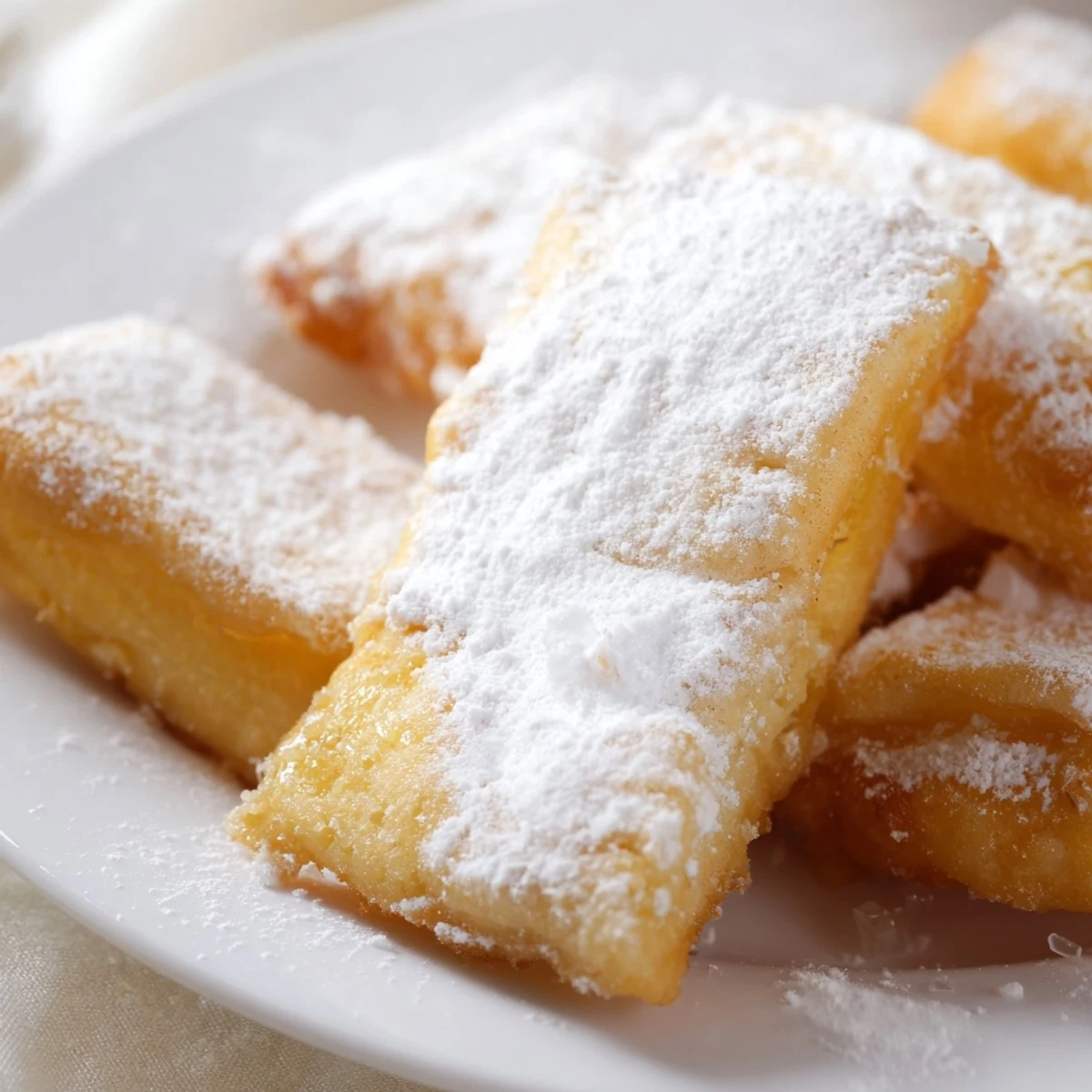 Freshly fried Mardi Gras dough squares are lightly coated in powdered sugar and served warm for a celebratory bite.