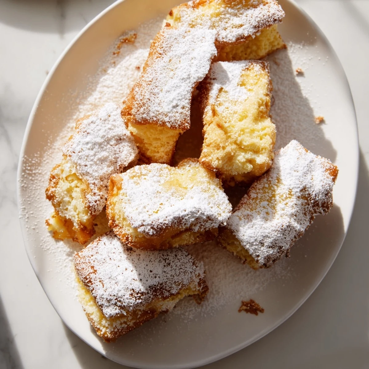 Plate of fluffy Mardi Gras fried dough sprinkled with powdered sugar, perfect for New Orleans-themed dessert parties.