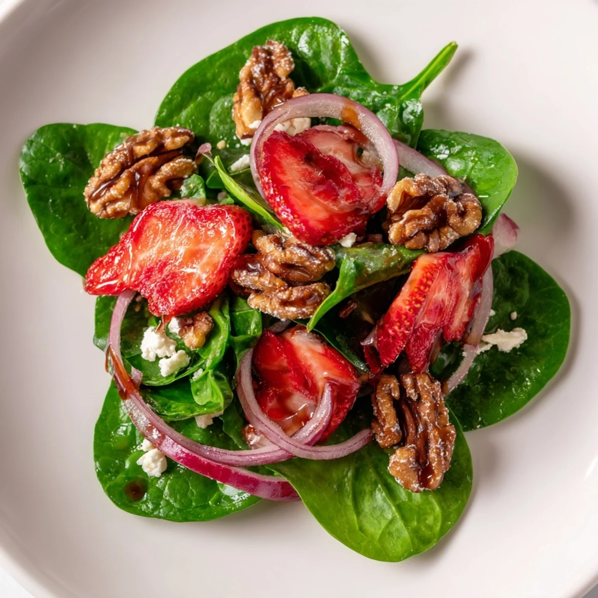 Vibrant baby spinach and sliced strawberries with candied walnuts in a tangy balsamic vinaigrette.