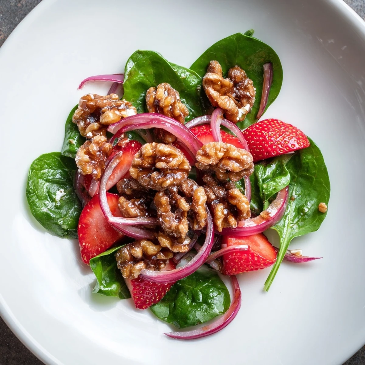 Sweet candied walnuts and red onion slices mingle with strawberries in this refreshing Strawberry Spinach Salad with Candied Walnuts.