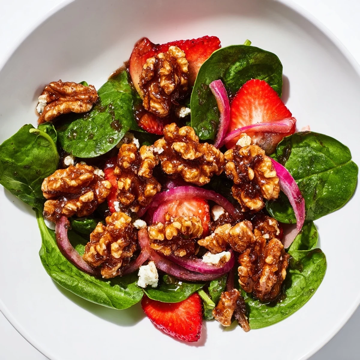 Freshly sliced strawberries and creamy goat cheese atop baby spinach with sparkling candied walnuts.