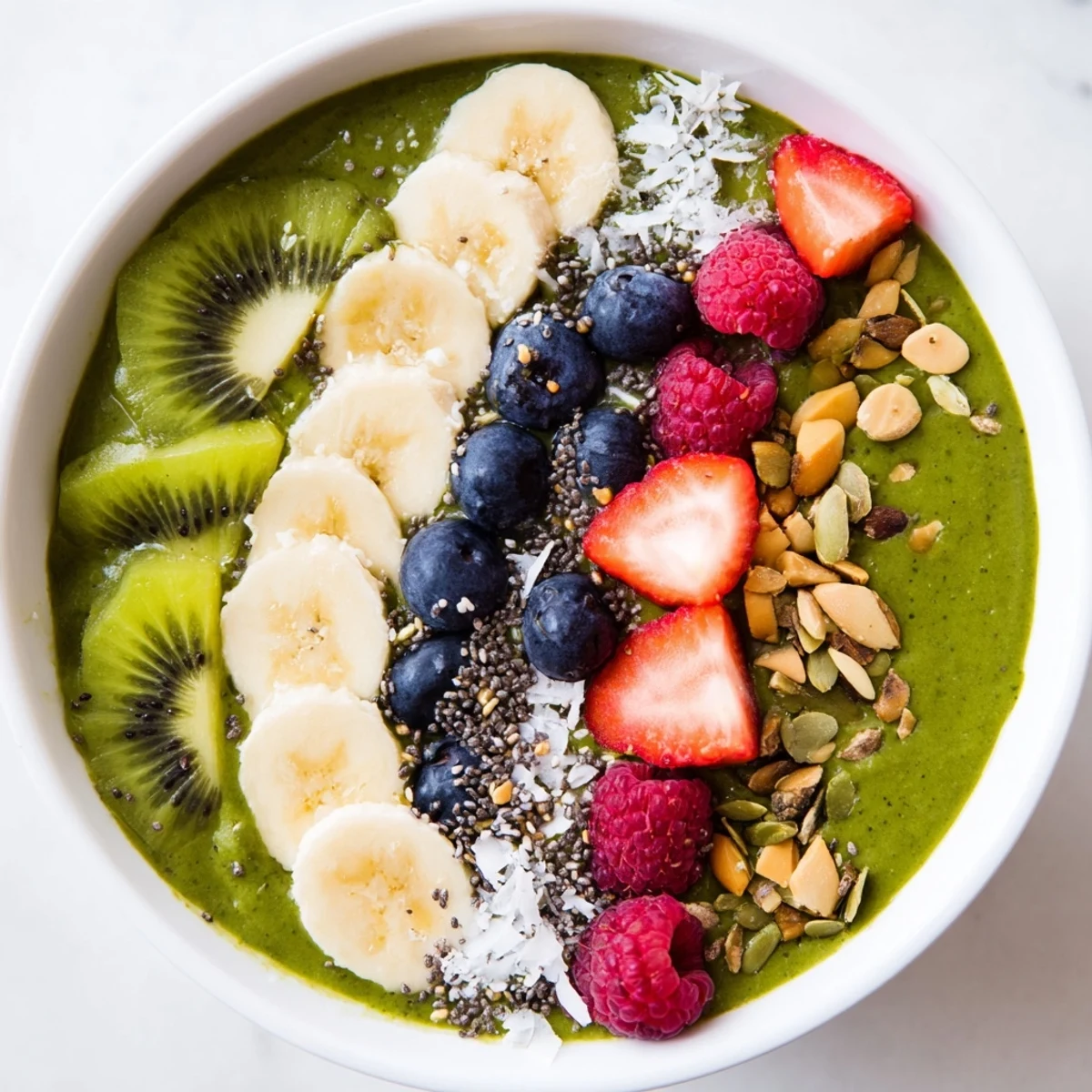 Creamy blended spinach and mango base with sliced banana, chia seeds, and coconut flakes in a colorful bowl.