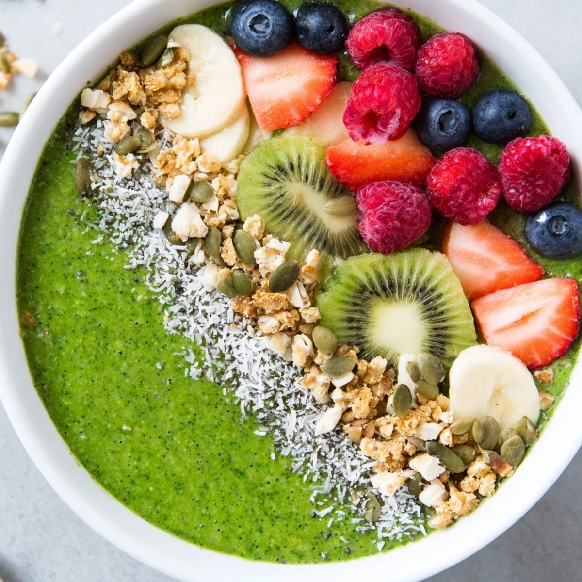 A vibrant green smoothie bowl topped with fresh berries, kiwi slices, and crunchy granola for a nourishing breakfast.