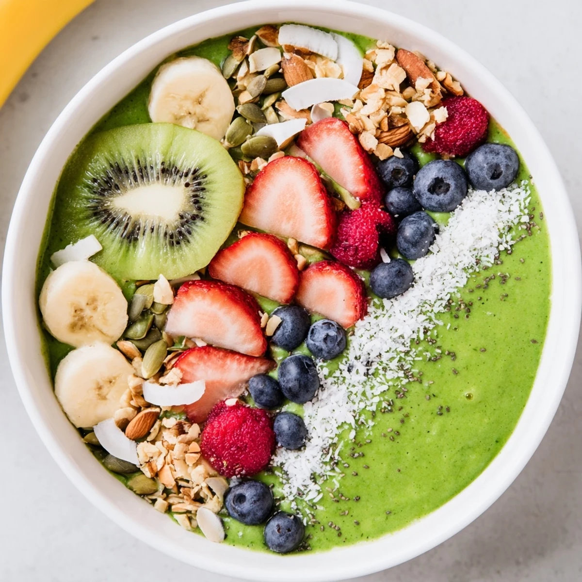 Healthy vegan Green Smoothie Bowl with fruit toppings, pumpkin seeds, and nuts served chilled for an energizing snack.