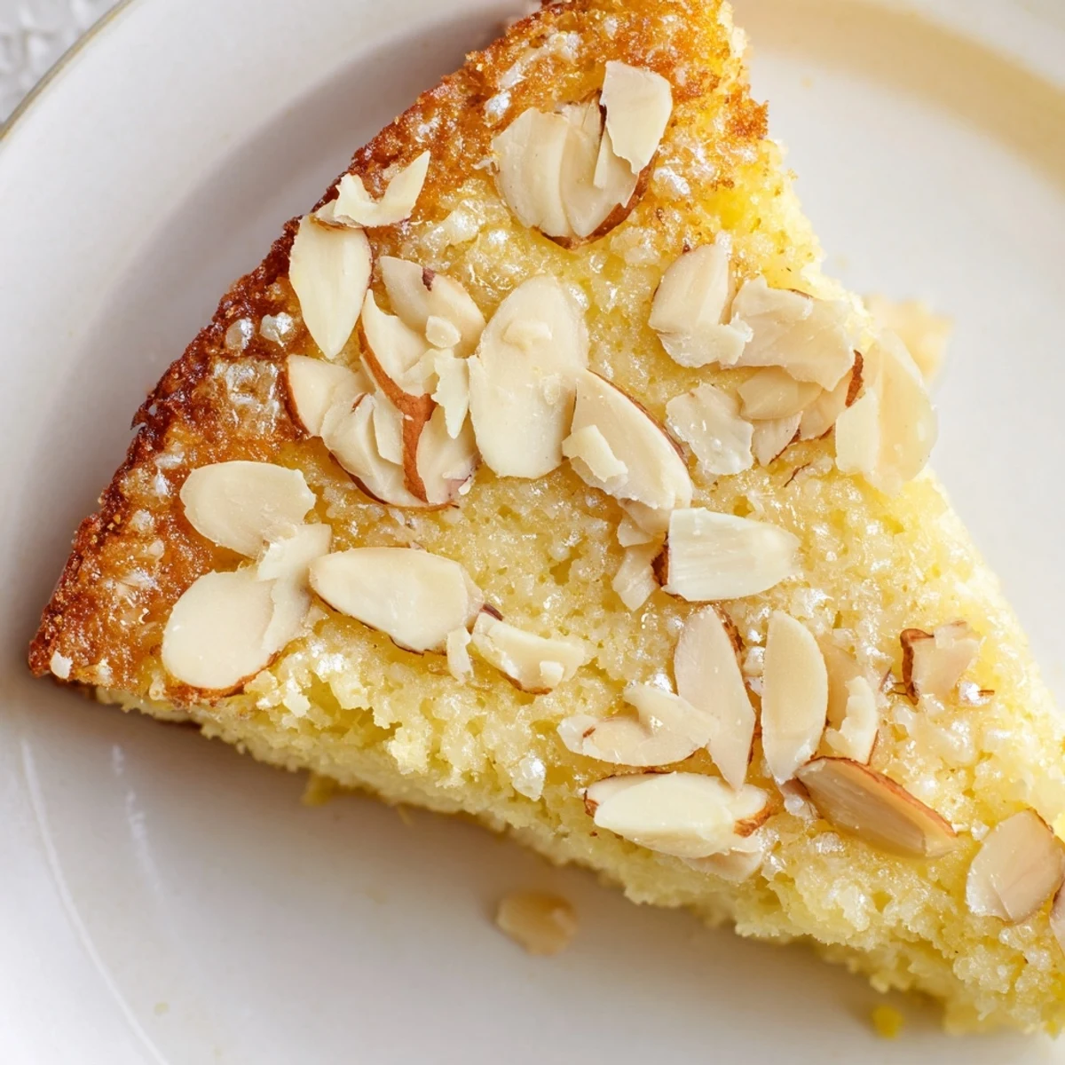 Freshly baked Lemon Ricotta Cake with sliced almonds atop a light, fluffy crumb, served on a rustic plate with a dusting of powdered sugar.