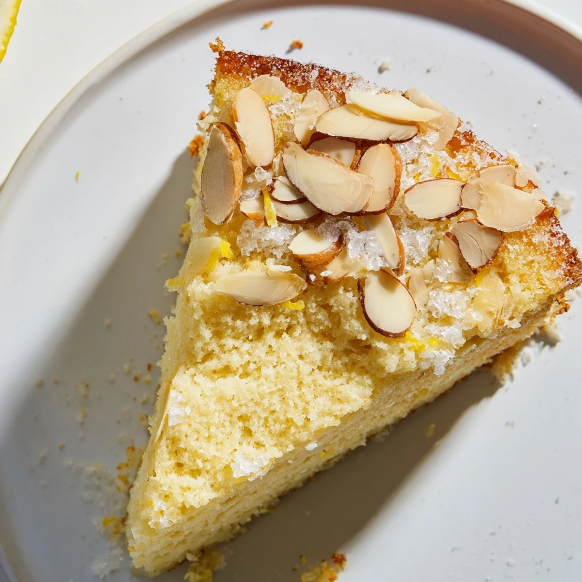 A close-up of golden Lemon Ricotta Cake, showcasing moist interior with ricotta and lemon zest, surrounded by sliced almonds and fresh berries.
